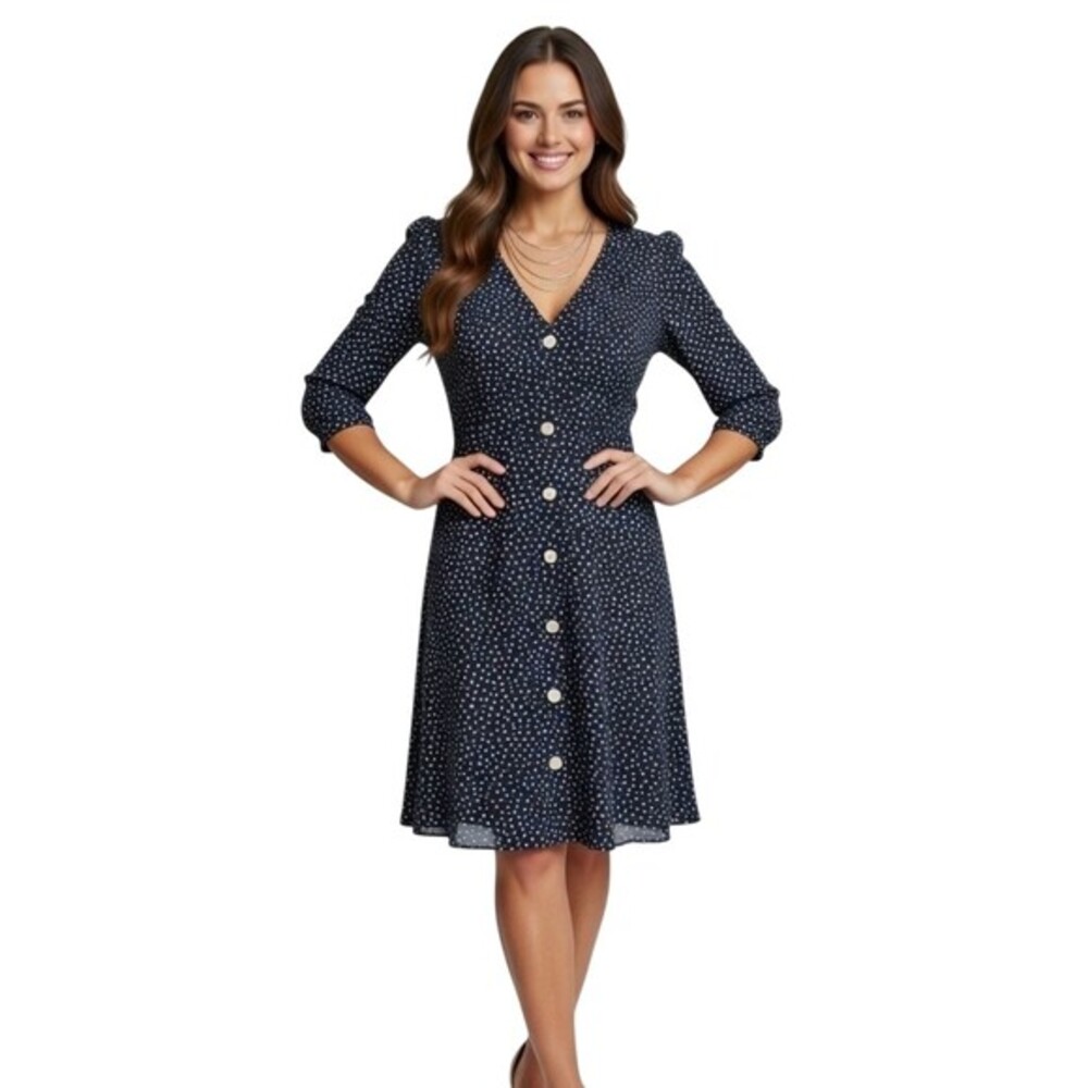 Bebop Dress Womens XS Navy Blue White Polka Dot V-Neck Button Front A-Line